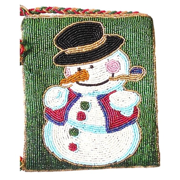 Purse Beaded Snowman Shoulder Bag Christmas Winter Green Red C. Marie 6x7" - Picture 3 of 11